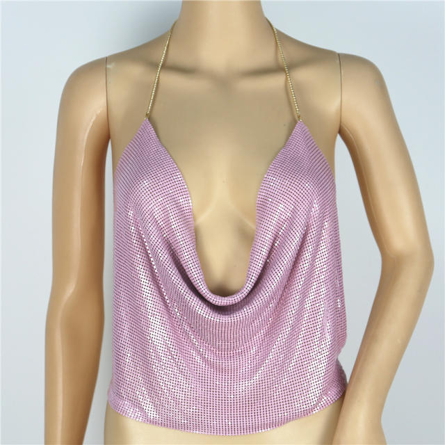 Golden Sexy Tube Top Metallic Sequin Camisole Necklace Halter Tops PQ60391A