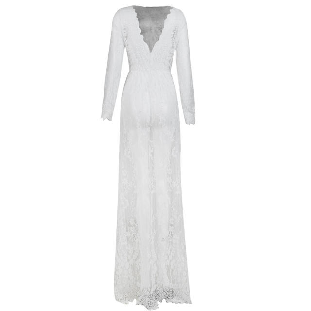 Deep V-neck Floor Length Beach Dresses Sexy Long Sleeved Lace Dress PQ3955B