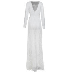 Sexy Long Sleeved Lace Dress Deep V-neck Floor Length Beach Dress PQ3955A