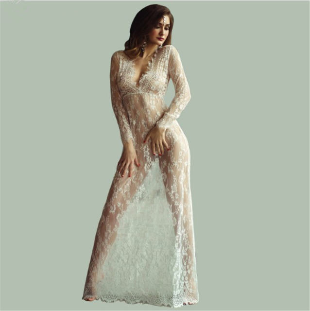 Sexy Long Sleeved Lace Dress Deep V-neck Floor Length Beach Dress PQ3955A