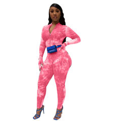 Yellow Tie-dye Printed Tracksuit For Women Slim Casual Sports Jumpsuit PQCM774A