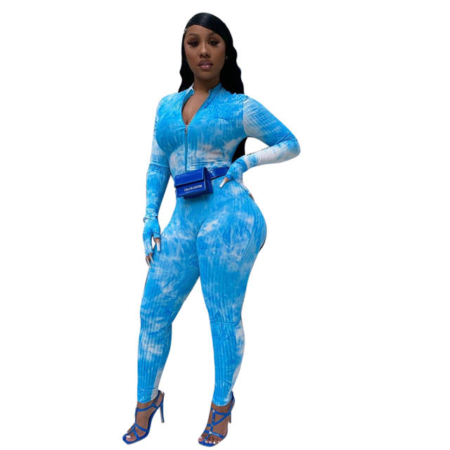 Yellow Tie-dye Printed Tracksuit For Women Slim Casual Sports Jumpsuit PQCM774A