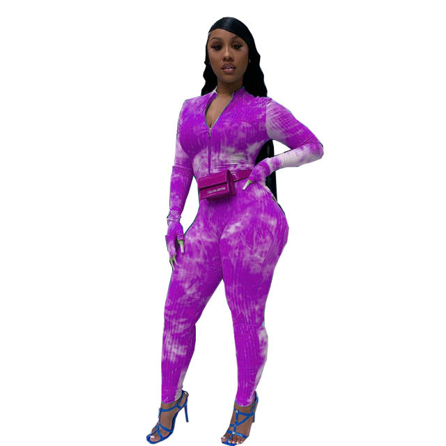 Yellow Tie-dye Printed Tracksuit For Women Slim Casual Sports Jumpsuit PQCM774A