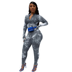 Yellow Tie-dye Printed Tracksuit For Women Slim Casual Sports Jumpsuit PQCM774A