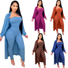 Autumn Sexy Jumpsuit Ribbed Pit Striped Cloak Winter Two-piece Suit PQ3310A