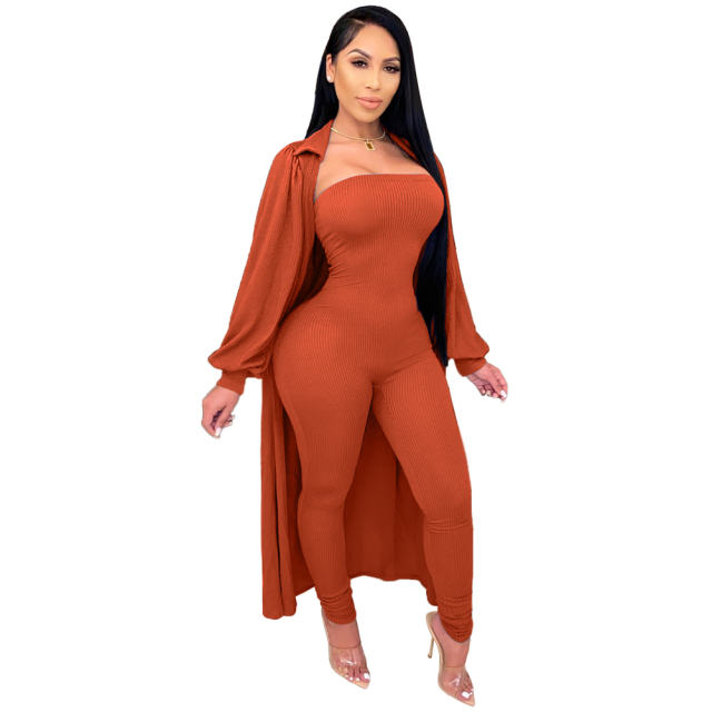 Autumn Sexy Jumpsuit Ribbed Pit Striped Cloak Winter Two-piece Suit PQ3310A