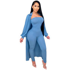 Autumn Sexy Jumpsuit Ribbed Pit Striped Cloak Winter Two-piece Suit PQ3310A