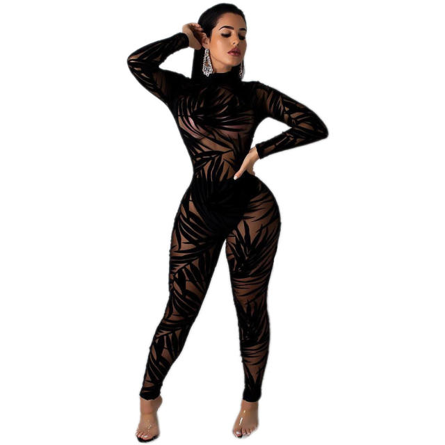 Long Sleeve One-piece Suit Bamboo Leaf Mesh Jumpsuit PQ3246