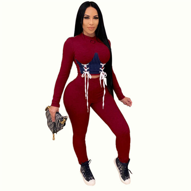 Sexy Slim Streetwear For Women Solid Color Lace-up Two Piece Set PQ4321A