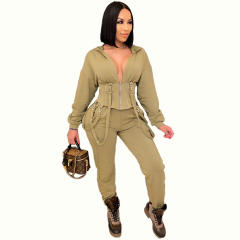 Sexy Slim Two Piece Set Solid Color Lace-up Jogger Casual Suit PQ6118A