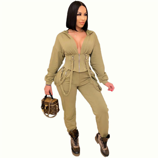 Sexy Slim Two Piece Set Solid Color Lace-up Jogger Casual Suit PQ6118A