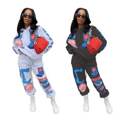 Autumn Cartoon Printed Sports Hoodies Suit Women Winter Two Piece Suit PQ6116A