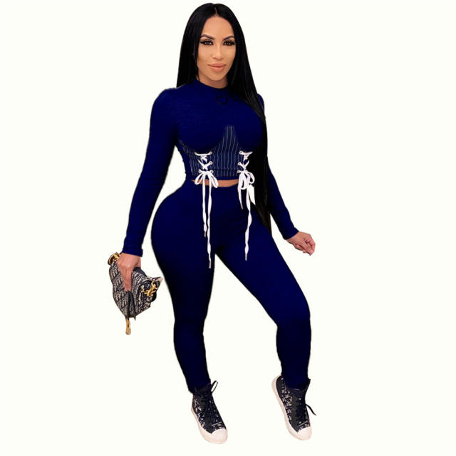 Sexy Slim Streetwear For Women Solid Color Lace-up Two Piece Set PQ4321A