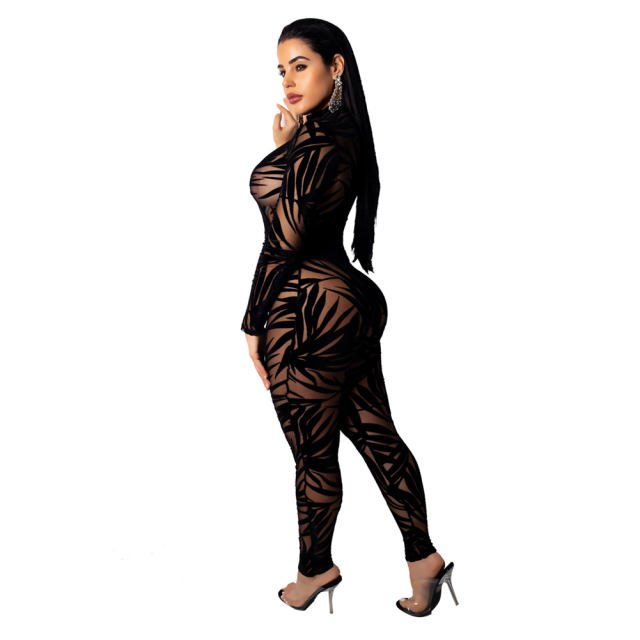Long Sleeve One-piece Suit Bamboo Leaf Mesh Jumpsuit PQ3246