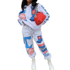 Autumn Cartoon Printed Sports Hoodies Suit Women Winter Two Piece Suit PQ6116A