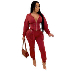 Sexy Slim Two Piece Set Solid Color Lace-up Jogger Casual Suit PQ6118A