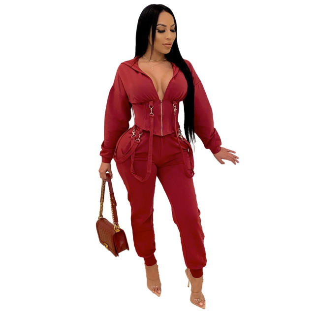 Sexy Slim Two Piece Set Solid Color Lace-up Jogger Casual Suit PQ6118A