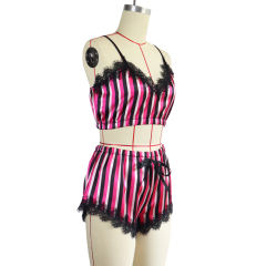 Sexy Satin Lounge Wear Striped Print Shorts Lace Trim Lingerie PQZT331