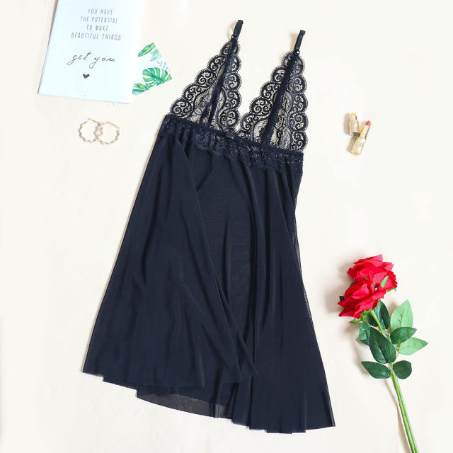 Black Sexy Lace Babydoll Lingerie For Women Sleepwear PQG466