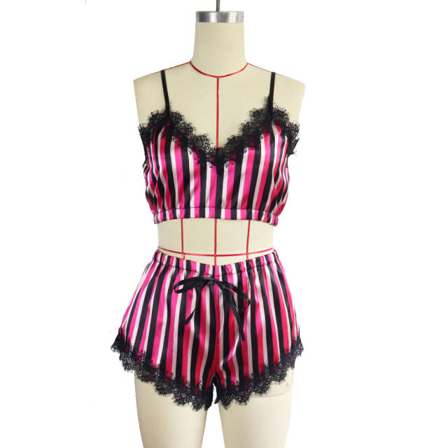 Sexy Satin Lounge Wear Striped Print Shorts Lace Trim Lingerie PQZT331