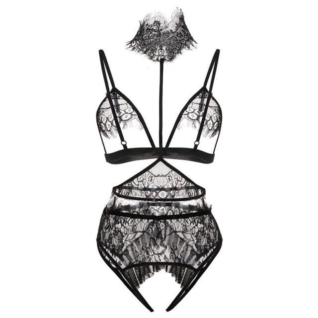 Black Eyelash Lace Bra with Panties Sexy Women Underwear PQZT272