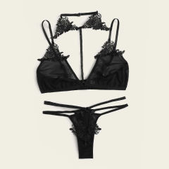 Sexy Halter Bikini Set for Women Black Mesh Bra with Panties PQZT290