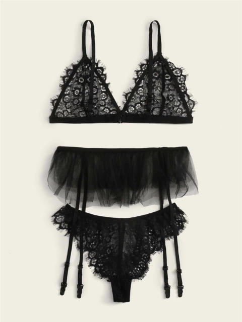 Women Eyelash Lace Lingerie Sexy Night Club Wear Bikini Bra Set PQZT327A