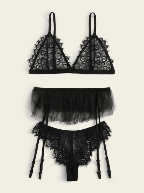 Women Eyelash Lace Lingerie Sexy Night Club Wear Bikini Bra Set PQZT327A