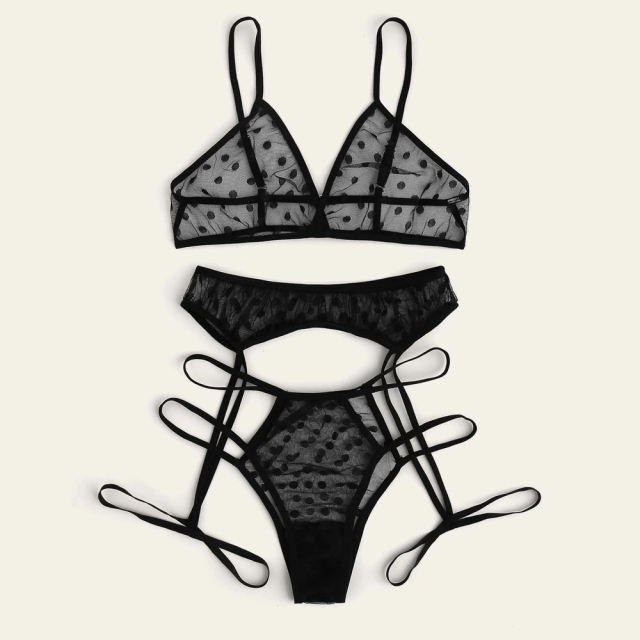 Black Polka Dot Bra Set For Women Bikini Lingerie With Garter PQZT315