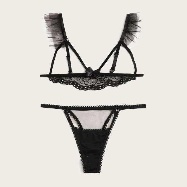 Black Eyelash Lace Lingerie Set Women Open Cup Bra Set PQZT328