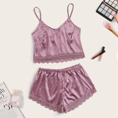 Women Home Satin Tops With Shorts Solid Color Sexy Loungewear PQZT183E