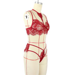 Sexy Eyelash Lace Halter Bra Set Women Underwear Panties PQZT031