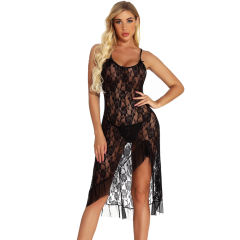 Red Lace Long Night Dress Gown for Women High Split Sexy Lingerie Set PQYM7112B