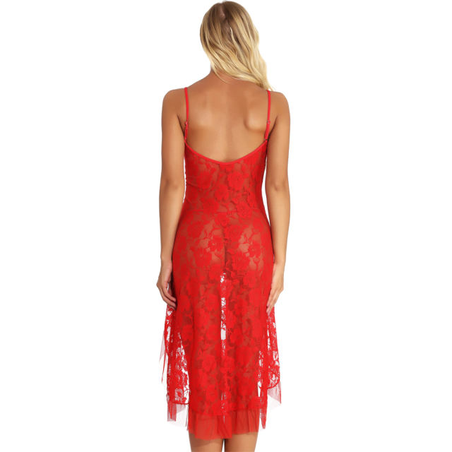 Red Lace Long Night Dress Gown for Women High Split Sexy Lingerie Set PQYM7112B