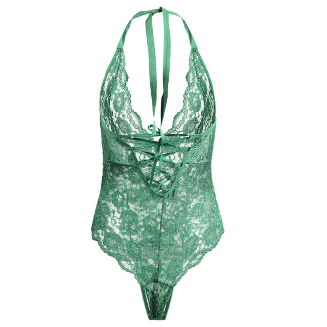 Deep V-neck Lace Teddies Lingerie Sexy Halter Lace Bodysuit PQ7822A