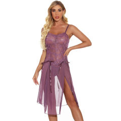 Light Purple Plus Size High Split Babydoll Lingerie Lace Sleepwear For Women PQ7888F