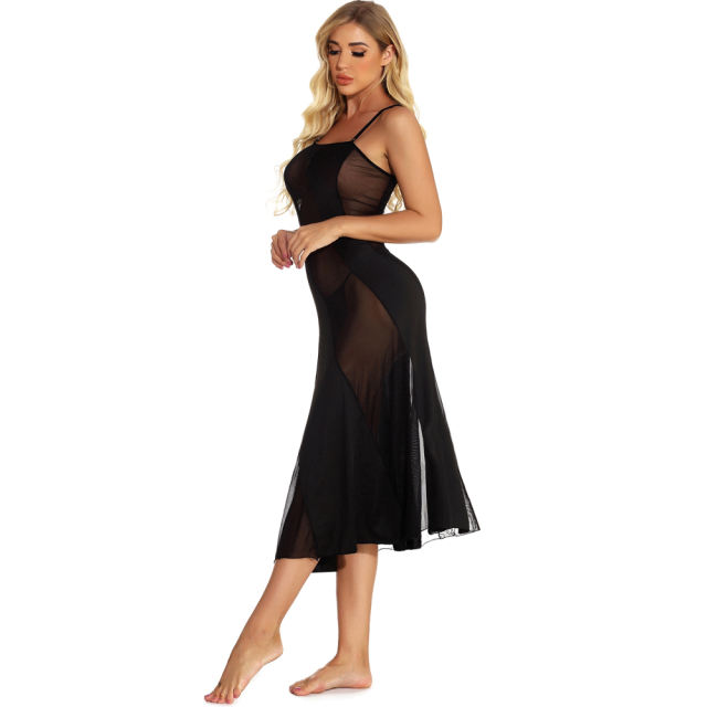 Sexy Mesh Patchwork Nightgown Lingerie Black Lace Night Dress For Women PQYM7802