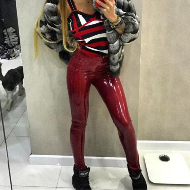Faux Leather Trousers Women High Waist Leggings Wetlook Light PU Pants PQXU0774B