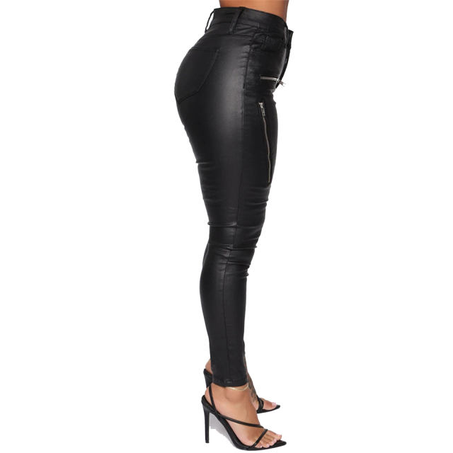 Red Faux Leather Trousers Women High Waist Matt PU Pants PQFQ2318B