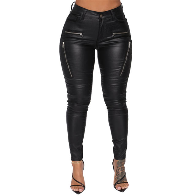 Red Faux Leather Trousers Women High Waist Matt PU Pants PQFQ2318B