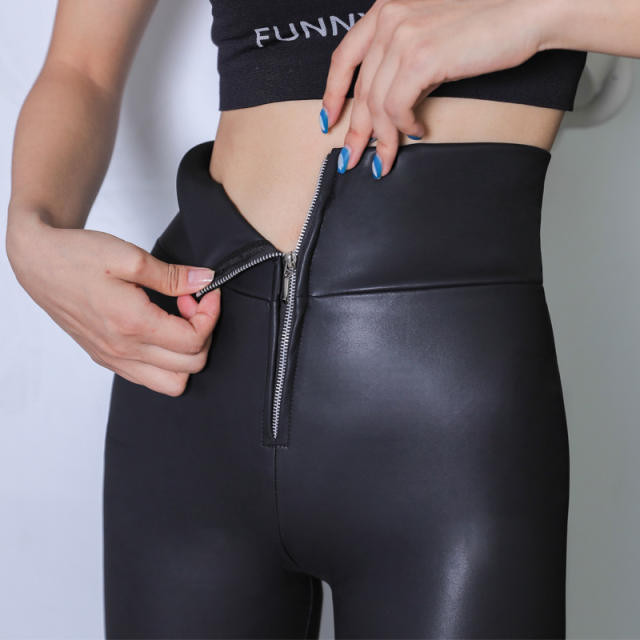Women High Waist PU Pencil Leggings Winter Matt Faux Leather Pants PQLLP112