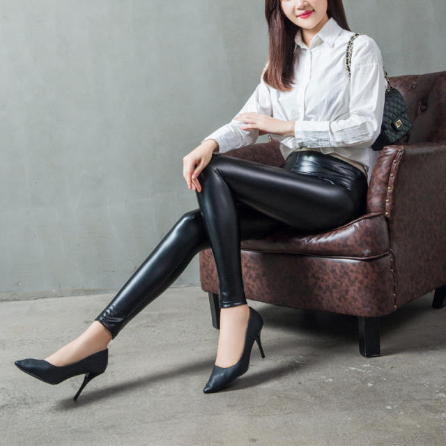 Winter Wetlook Faux Leather Pants Women Light PU Pencil Leggings PQ19017