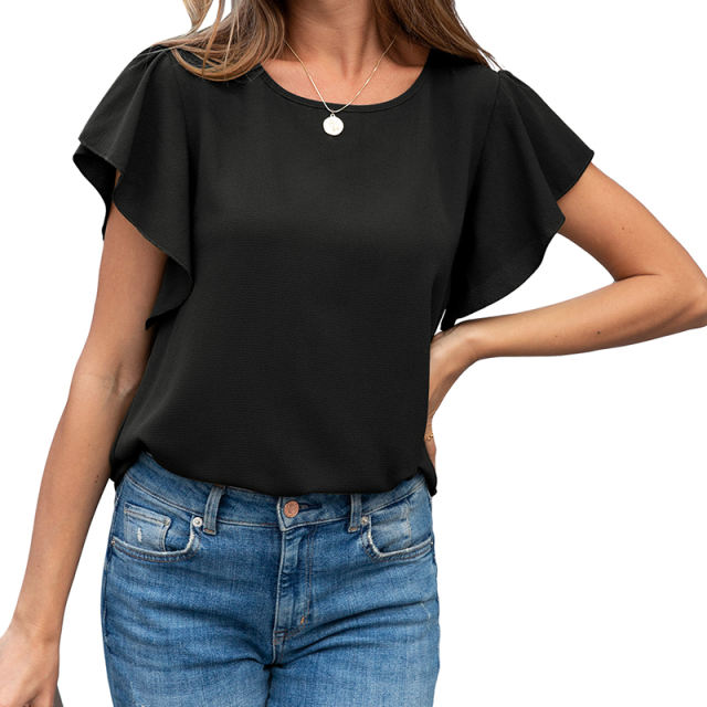 Black Solid Coloe Women Summer Tops Ruffle Short Sleeve T-shirts PQ1138B
