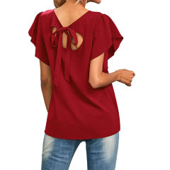 Green Solid Coloe Women Summer Tops Ruffle Short Sleeve T-shirts PQ1138D