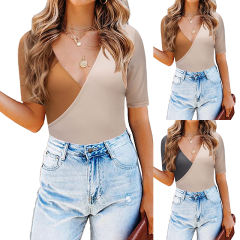 Short Sleeve Summer Fashion T-shirts Color Contrast Women Slim Tops PQ1152A