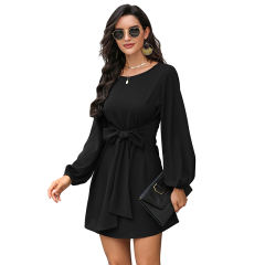 Long Sleeve Solid Color Ruffle Fashion Dress Ladies Spring Casual Dress PQXR638C