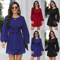 Ladies Spring Casual Dress Long Sleeve Solid Color Ruffle Fashion Dress PQXR638B
