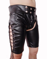 Faux Leather Steampunk Fetish Pants Men Open Crotch PU Night Club ShortsPQN923