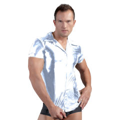 Faux Leather Steampunk Tops Men Wetlook PU Night Club Shirts PQN931B