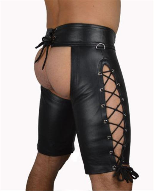Faux Leather Steampunk Fetish Pants Men Open Crotch PU Night Club ShortsPQN923
